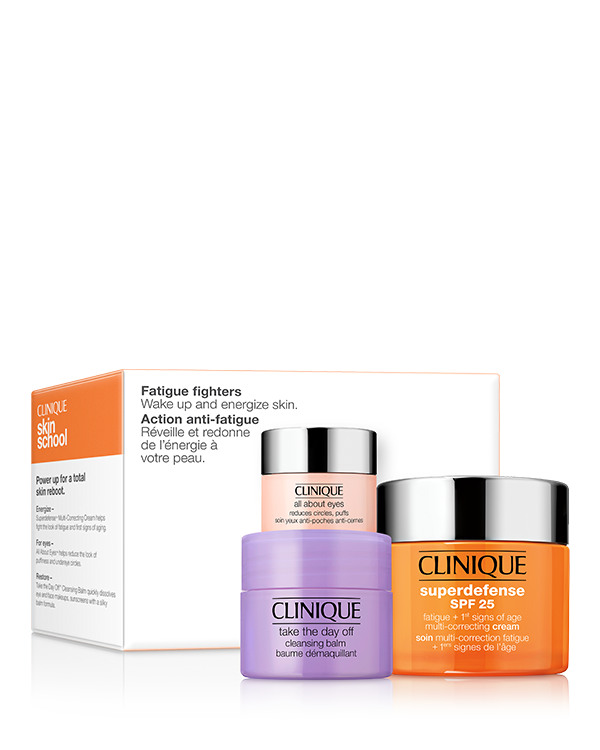 Fatigue Fighters Skincare Gift Set, 3 produse eficiente pentru energizarea si revigorarea pielii, intr-un singur set cadou, incluzand si crema Superdefense SPF 25 Fatigue + 1st Signs of Age Multi-Correcting Cream in varianta full size 50ml. Produse in valoare de 426 lei!